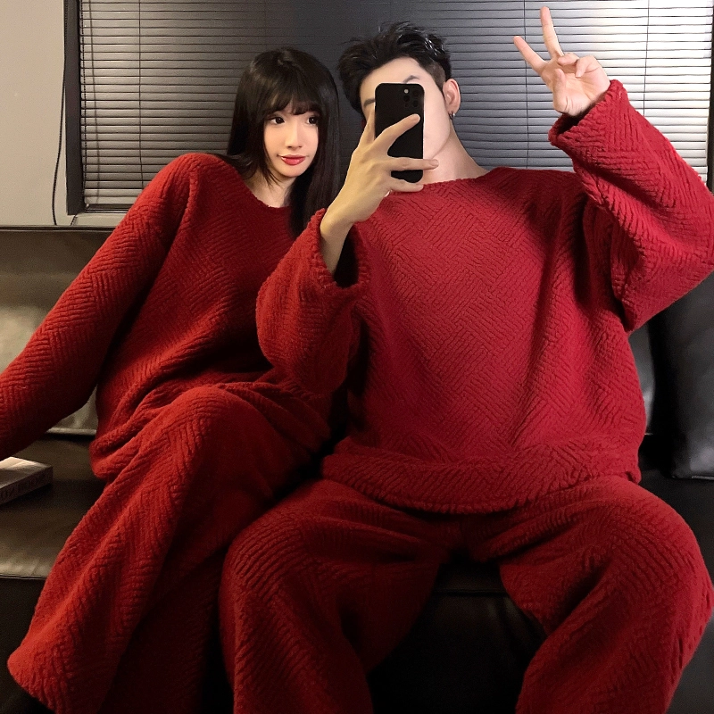 静英鸾 秋冬季纯色圆领甜美风珊瑚绒加绒加厚保暖家居服睡衣套装 男女同款
