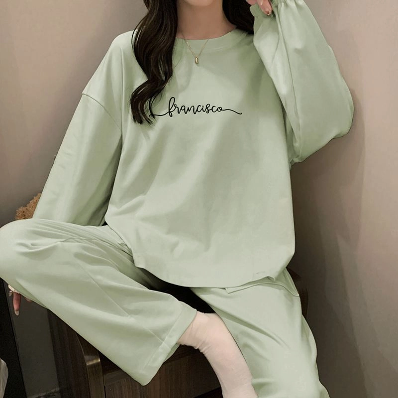 静英鸾 德绒长袖长裤圆领套头纯色简约小清新休闲两件套家居服秋冬季保暖套装 女款