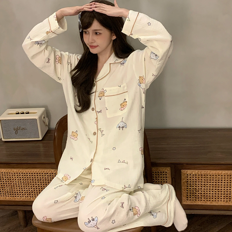 静英鸾 棉质长袖长裤翻领开衫可爱卡通休闲两件套家居服秋冬季睡衣套装 女款