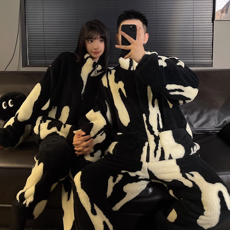 静英鸾 秋冬季甜美风绒保暖加绒加厚休闲舒适家居服睡衣套装 男女同款