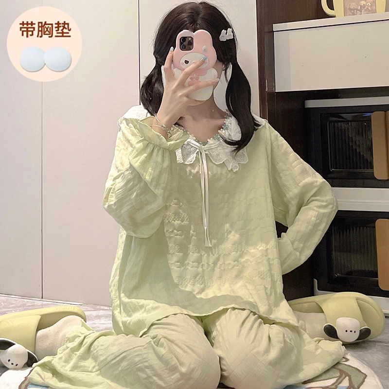 静英鸾 带胸垫简约花边甜美可爱小清新亲肤舒适可外穿家居服睡衣套装 女款