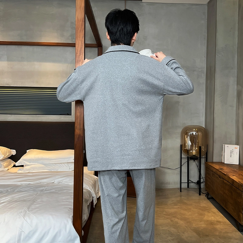 静英鸾 德绒长袖长裤翻领开衫简约国风熊猫纯色家居服秋冬季睡衣套装 男款