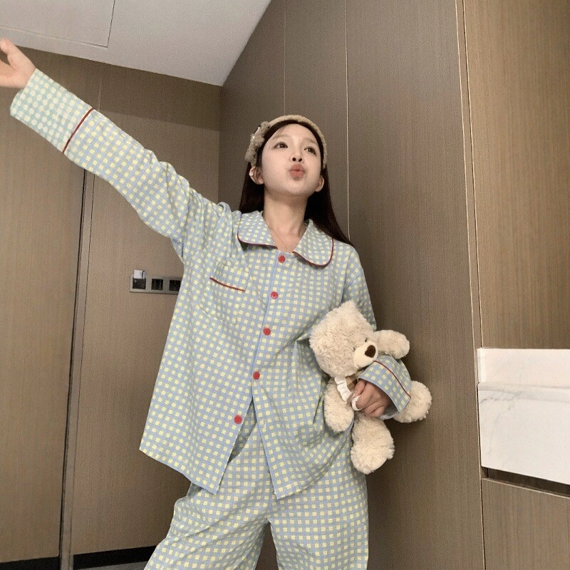 静英鸾 简约方格时尚翻领亲肤舒适可外穿家居服睡衣套装 女款
