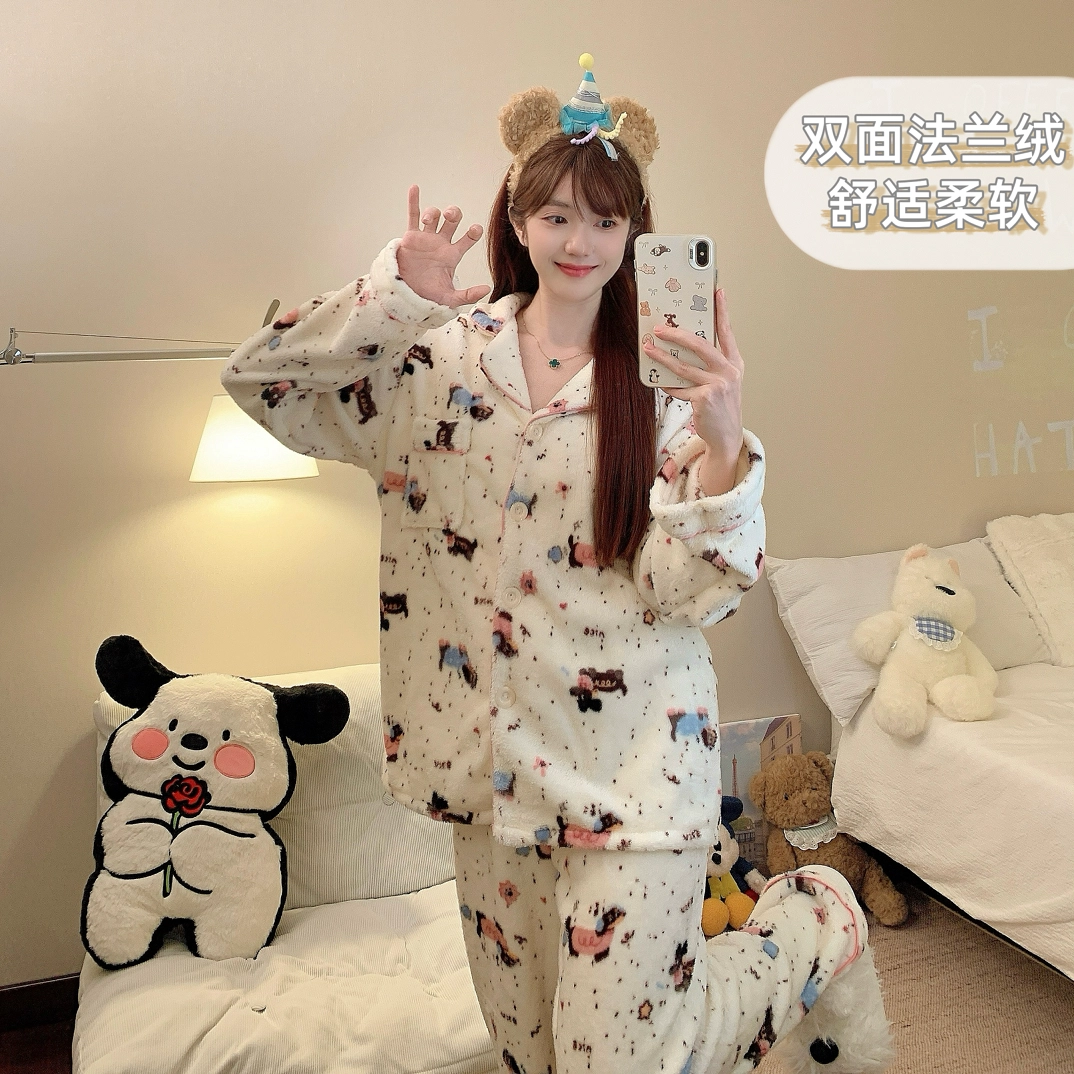静英鸾 冬季宅家可爱腊肠狗甜美风珊瑚绒加绒加厚家居服睡衣套装 女款