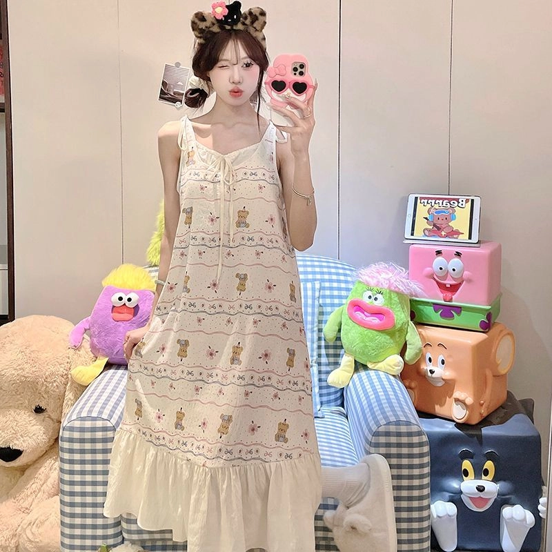 静英鸾 夏季女舒适简约卡通小熊图案吊带家居服睡衣礼盒 女款