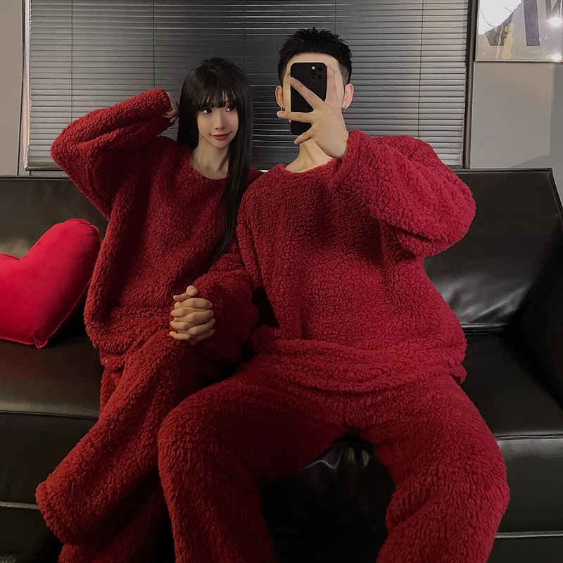 静英鸾 秋冬季圆领纯色甜美风珊瑚绒保暖加绒加厚家居服睡衣套装 男女同款