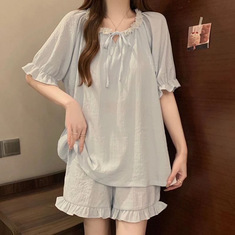 静英鸾 休闲舒适简约透气宽松圆领花边设计家居服睡衣套装 女款