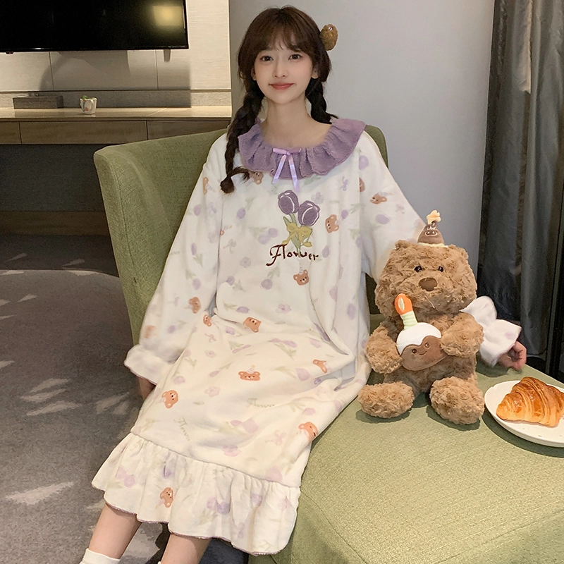 静英鸾 休闲时尚甜美可爱卡通字母郁金香亲肤保暖舒适法兰绒可外穿睡裙 女款