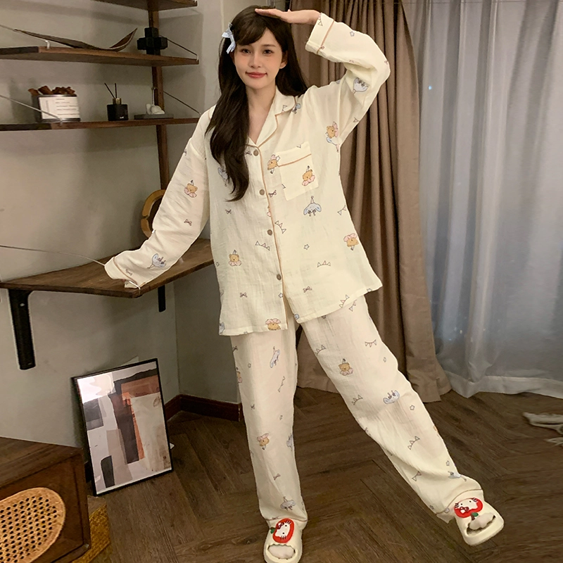 静英鸾 棉质长袖长裤翻领开衫可爱卡通休闲两件套家居服秋冬季睡衣套装 女款