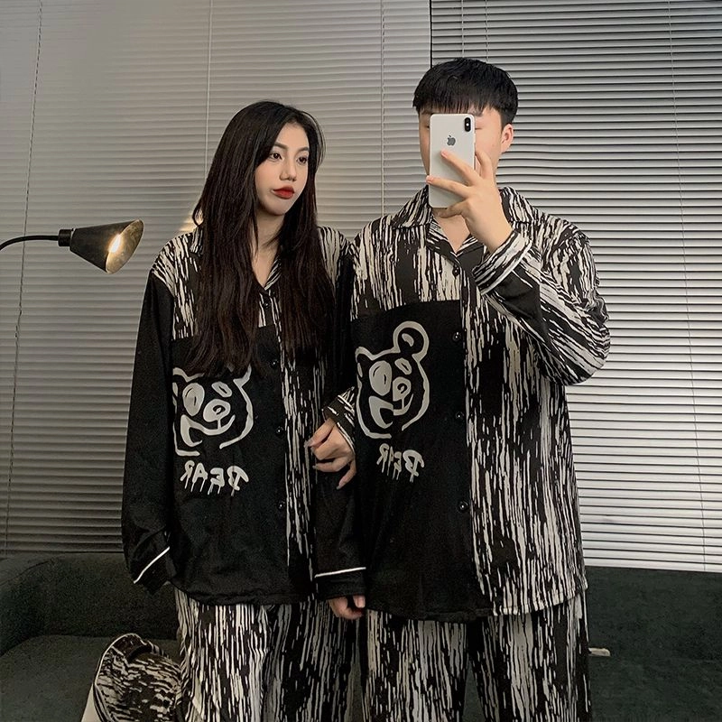 静英鸾 棉质长袖长裤翻领开衫卡通条纹小熊情侣休闲家居服秋冬季睡衣套装 男女同款