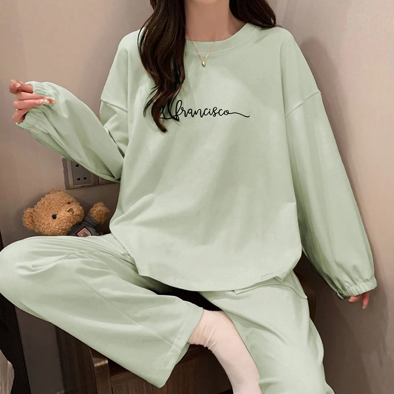 静英鸾 德绒长袖长裤圆领套头纯色简约小清新休闲两件套家居服秋冬季保暖套装 女款