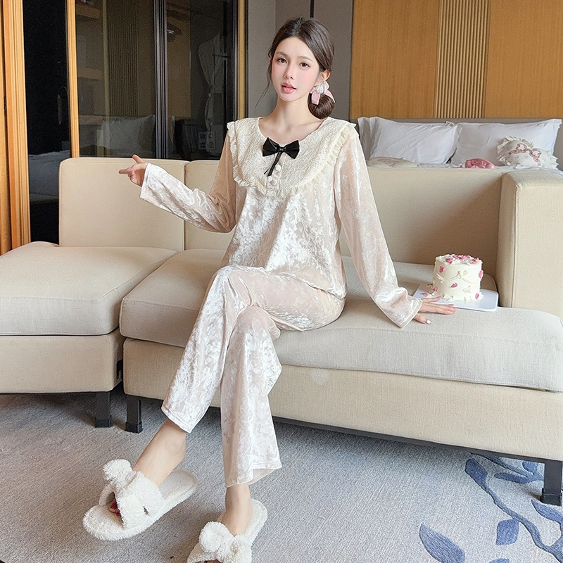 静英鸾 钻石绒保暖加绒加厚长袖长裤圆领套头纯色甜美花边家居服冬季睡衣套装 女款