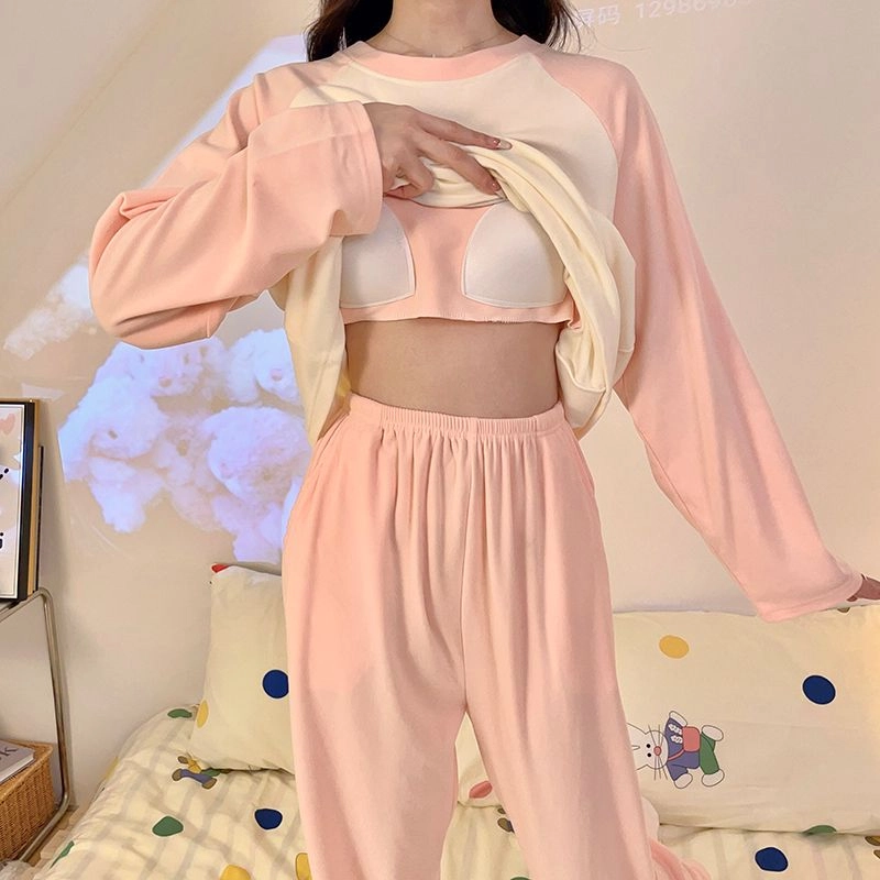 静英鸾 德绒带胸垫长袖长裤圆领套头纯色甜美笑脸家居服秋冬季保暖套装 女款