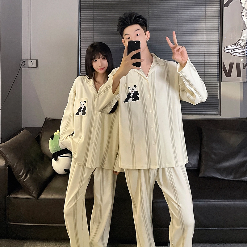 静英鸾 翻领条纹卡通熊猫简约风休闲舒适家居服睡衣套装 男女同款