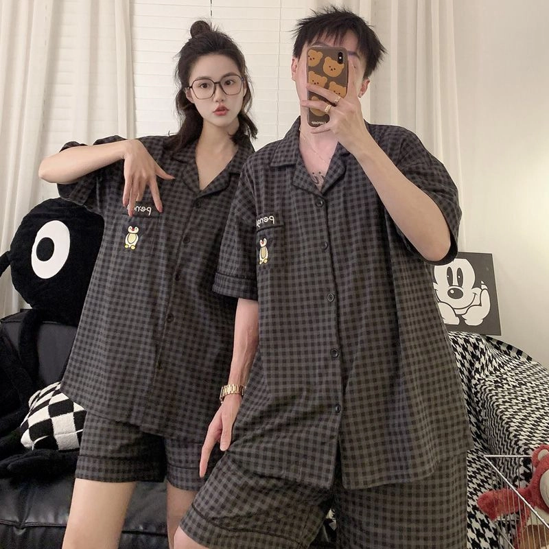 静英鸾 夏季男简约透气舒适格子卡通企鹅图案家居服睡衣套装 男款