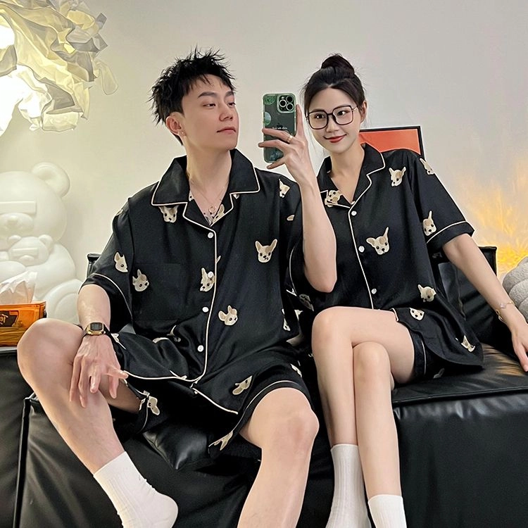 静英鸾 夏季情侣卡通小狗短袖短裤翻领亲肤舒适家居服睡衣礼盒 男女同款