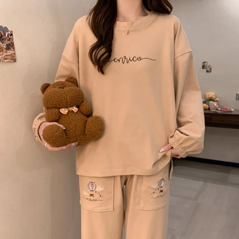 静英鸾 德绒长袖长裤圆领套头纯色简约两件套家居服秋冬季保暖套装 女款