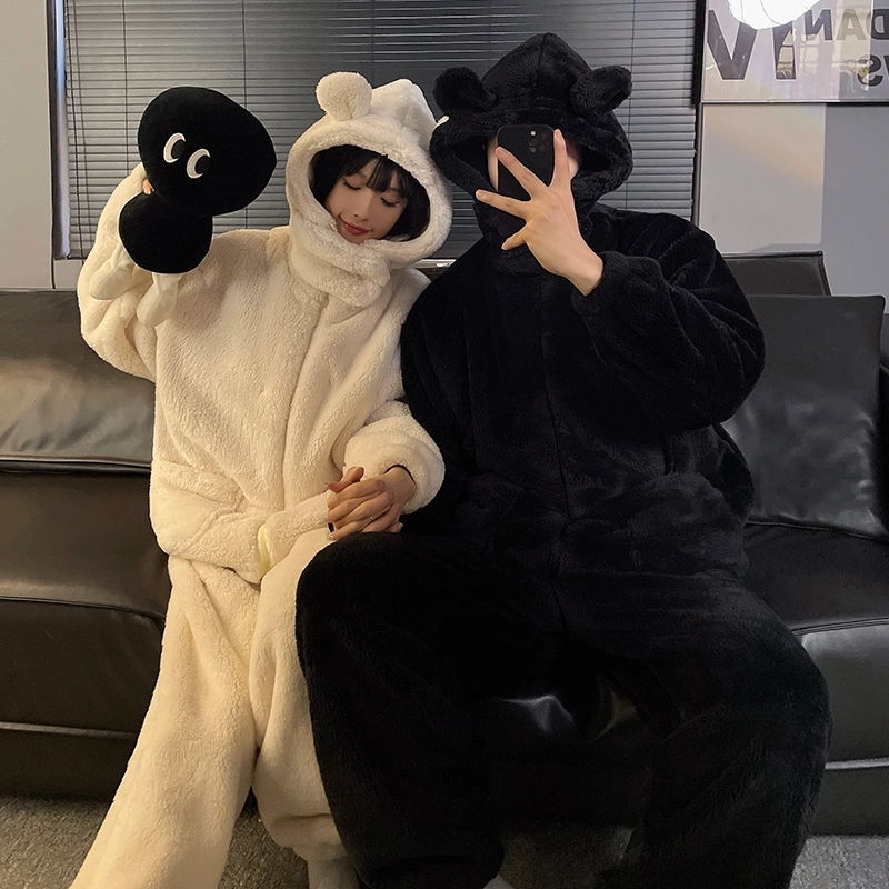 静英鸾 珊瑚绒加绒加厚保暖连帽纯色时尚简约风休闲舒适家居服睡衣套装 男女同款