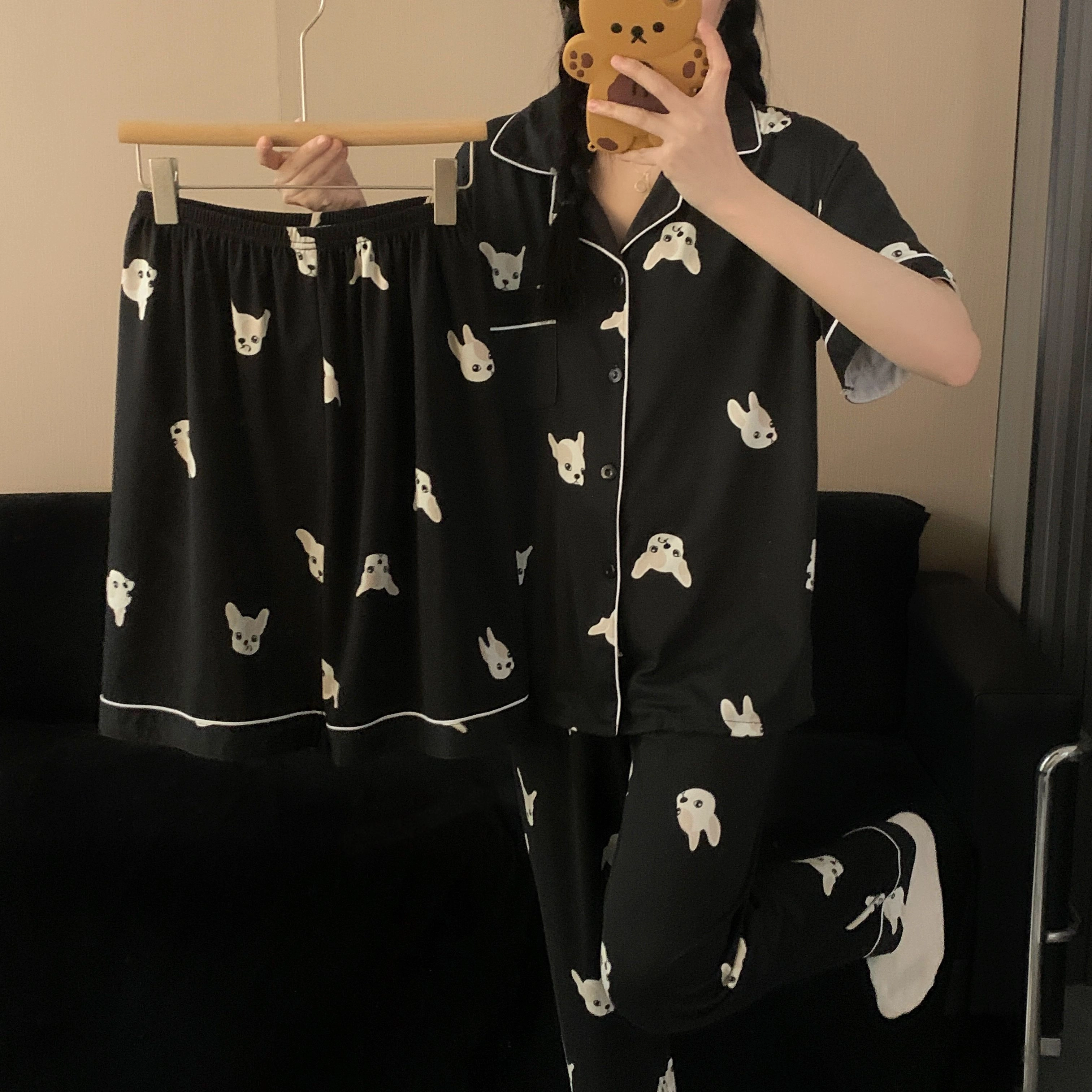 静英鸾 简约法斗犬短袖长裤春夏秋款家居服三件套睡衣套装 女款