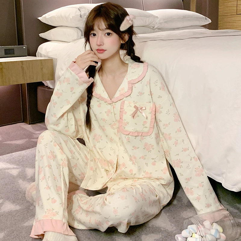 静英鸾 家居女舒适清新碎花轻便长袖长裤翻领设计服睡衣套装 女款