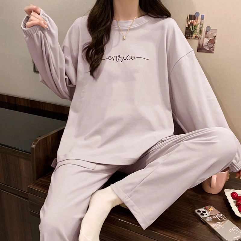 静英鸾 德绒长袖长裤圆领套头纯色简约甜美休闲两件套家居服秋冬季保暖套装 女款