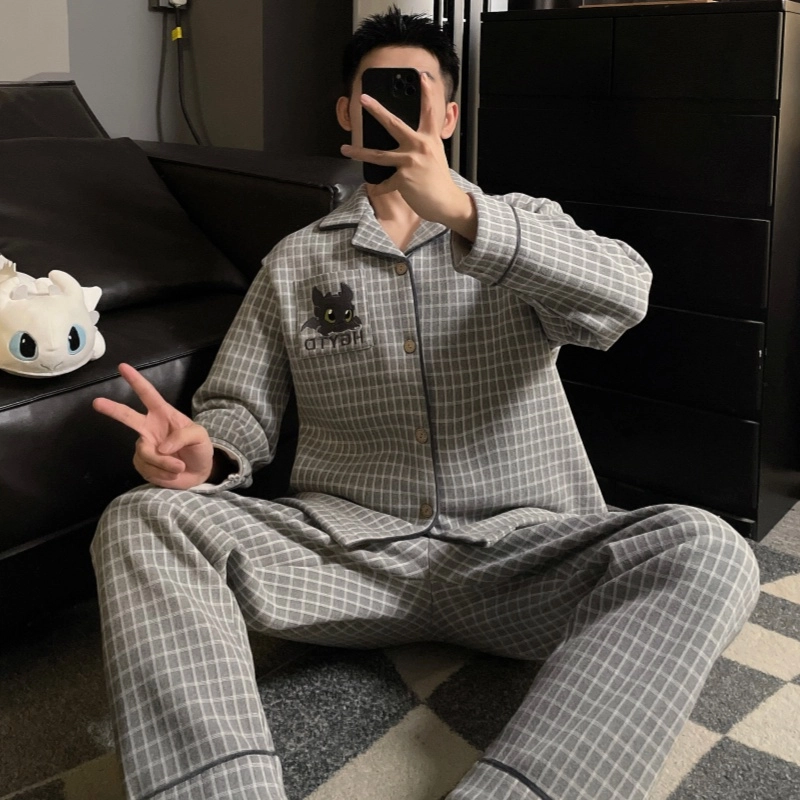 静英鸾 休闲时尚简约格子可爱卡通亲肤保暖舒适可外穿家居服睡衣套装 男款