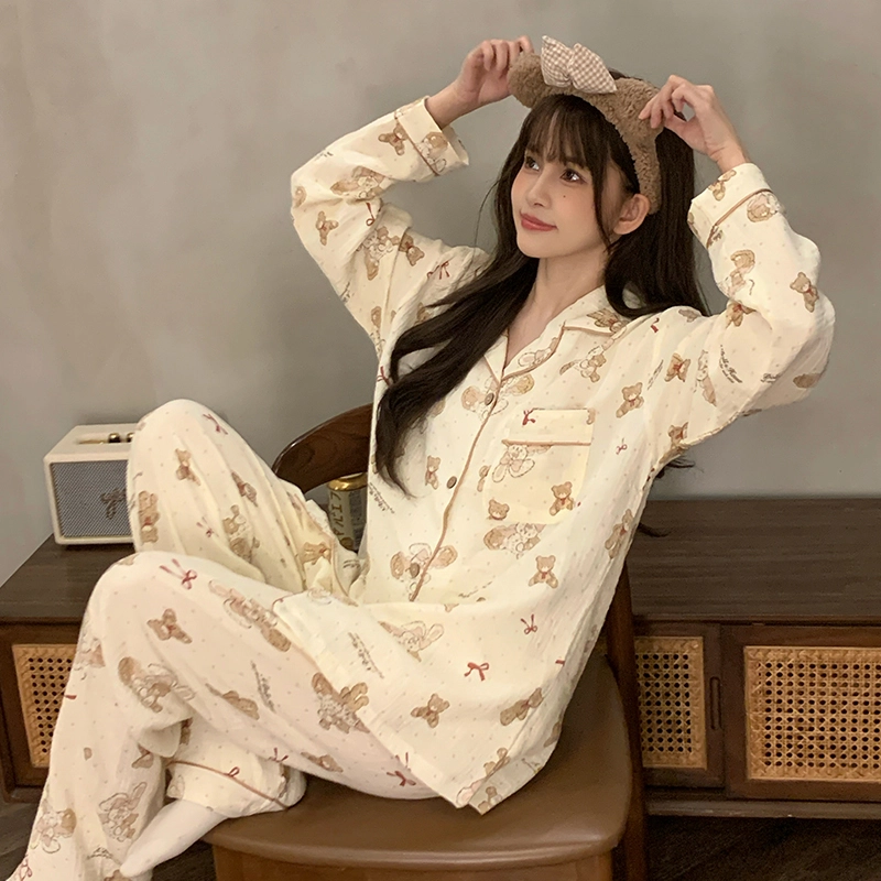 静英鸾 棉质长袖长裤翻领开衫可爱卡通小熊休闲两件套家居服秋冬季睡衣套装 女款