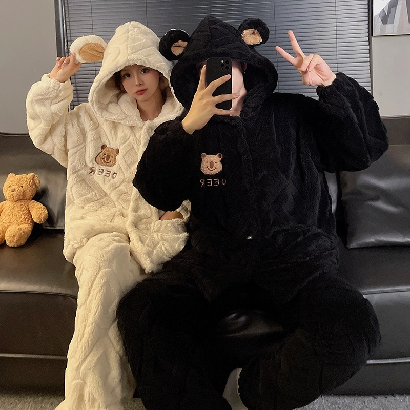 静英鸾 秋冬季曲线纯色甜美风珊瑚绒加绒加厚保暖圆领家居服睡衣套装 男女同款