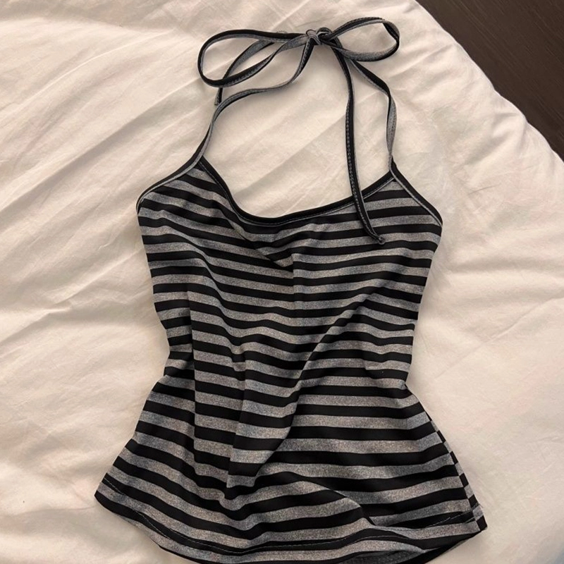 静英鸾 夏季女休闲舒适条纹吊带挂脖设计家居服睡衣套装 女款