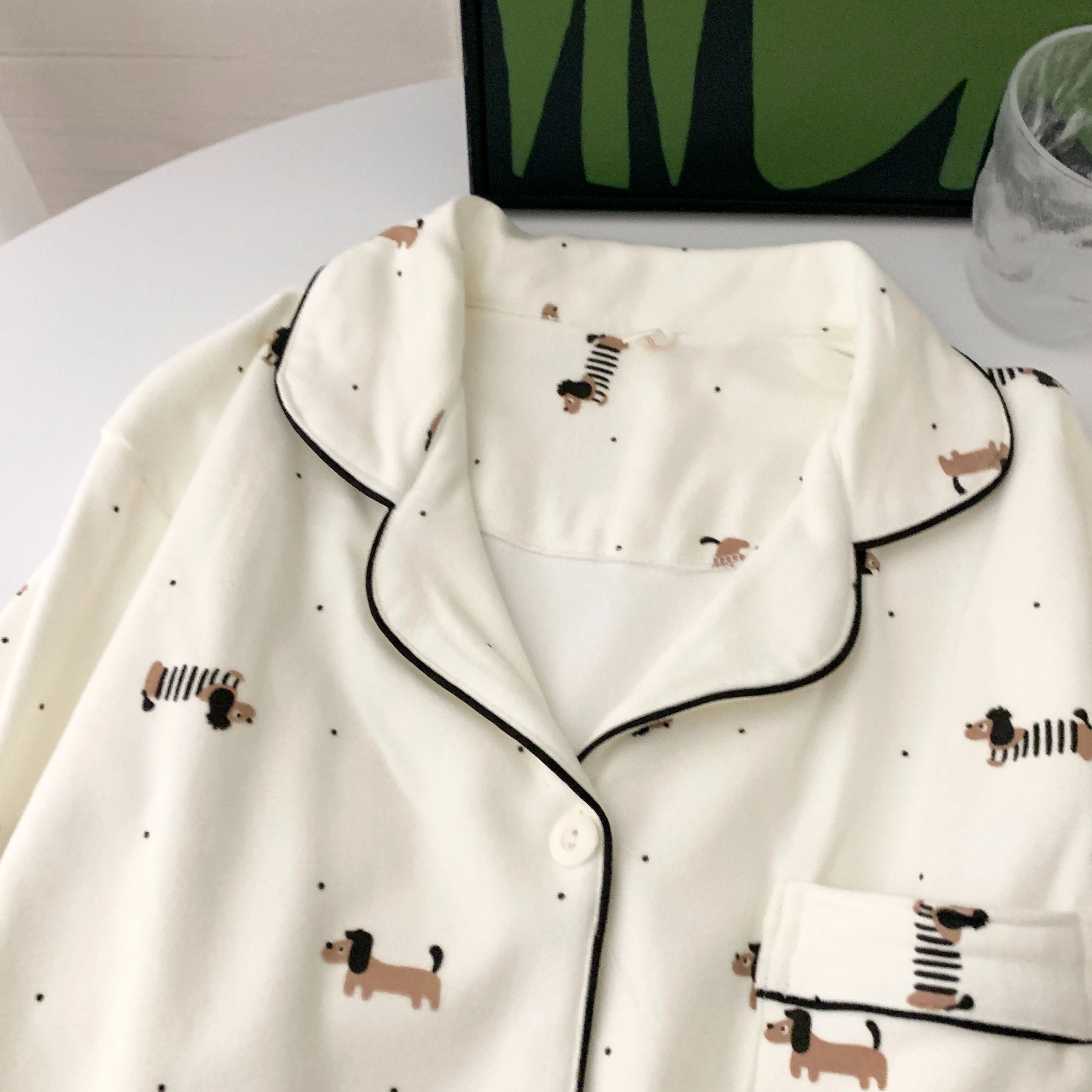 静英鸾 保暖加厚长袖长裤翻领开衫卡通波点腊肠狗家居服睡衣套装 女款