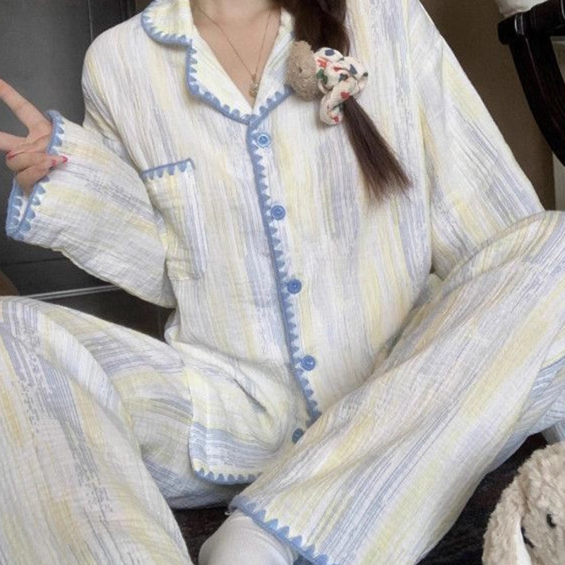 静英鸾 家居女简约休闲长袖翻领可外穿服睡衣套装 女款