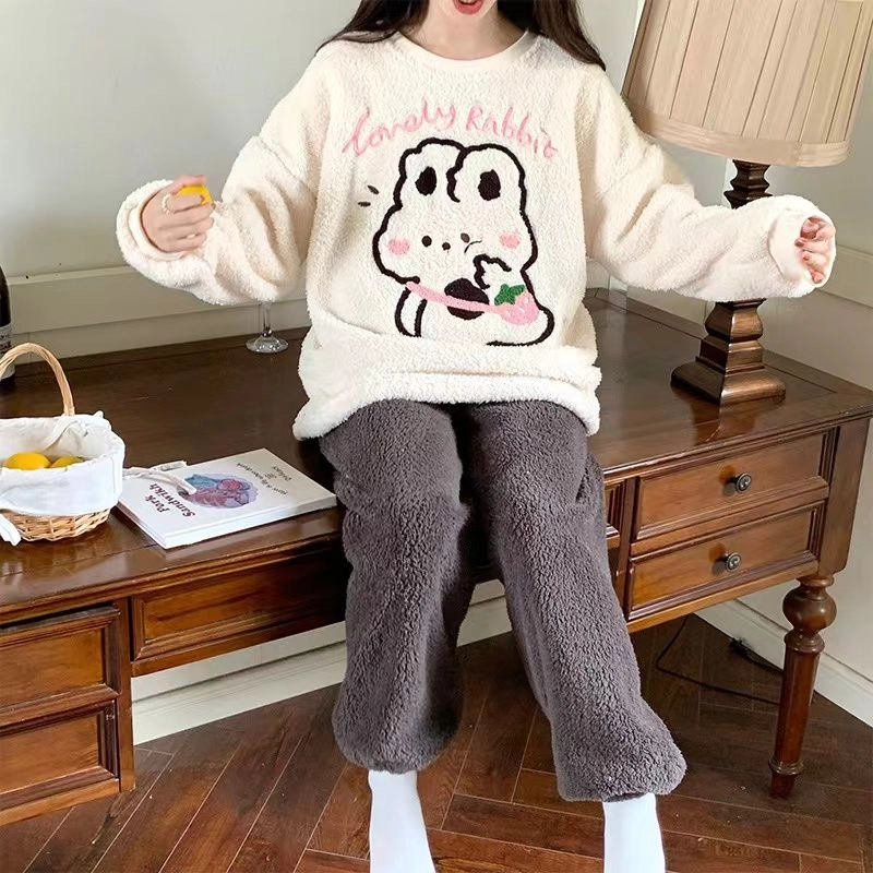 静英鸾 半边绒加厚保暖卡通甜美兔子圆领长袖长裤休闲家居服秋冬季睡衣套装 女款