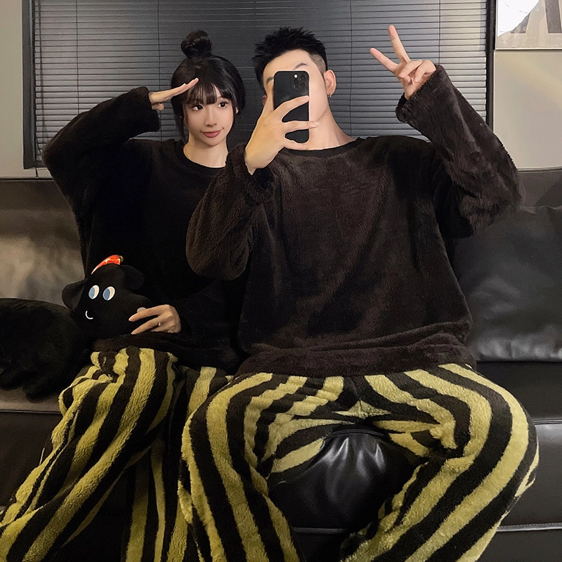 静英鸾 纯色圆领珊瑚绒加厚加绒保暖甜美风休闲舒适家居服秋冬季睡衣套装 男女同款