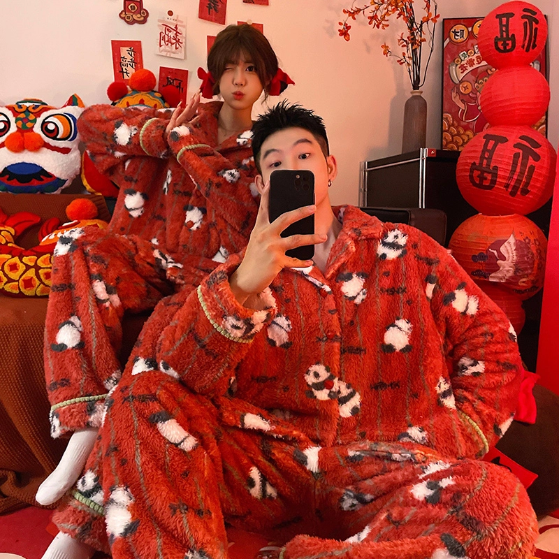 静英鸾 秋冬季卡通熊猫条纹甜美风珊瑚绒保暖加绒加厚休闲舒适家居服睡衣套装 男女同款