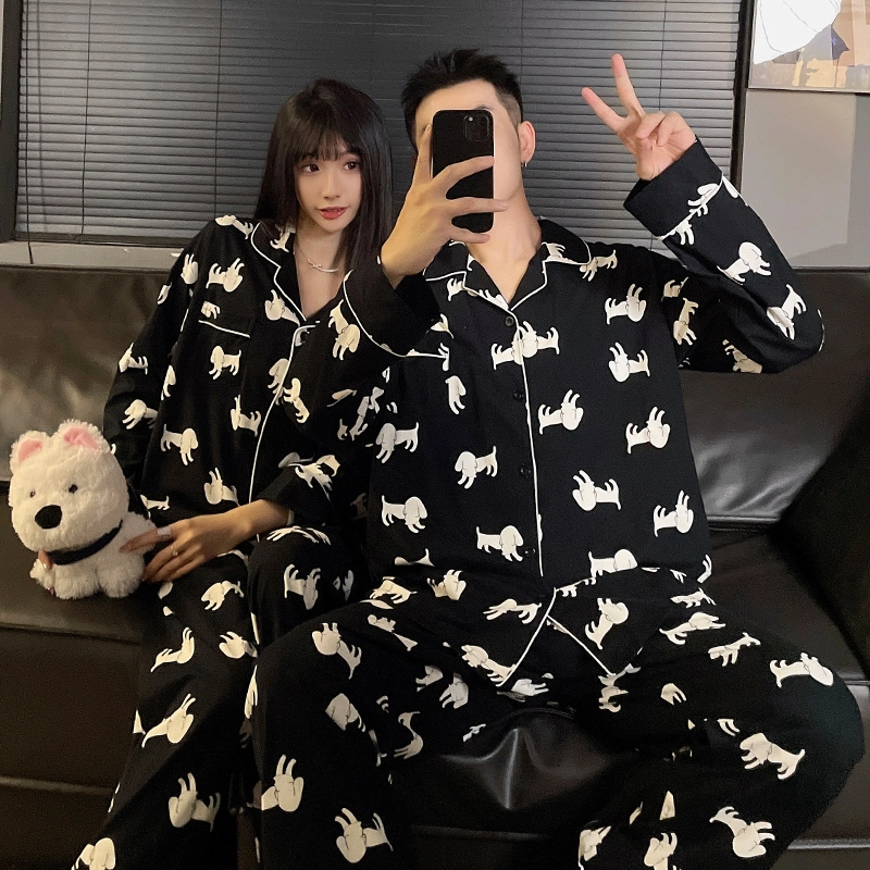 静英鸾 秋季翻领黑白线条狗时尚简约风休闲舒适家居服睡衣套装 男女同款
