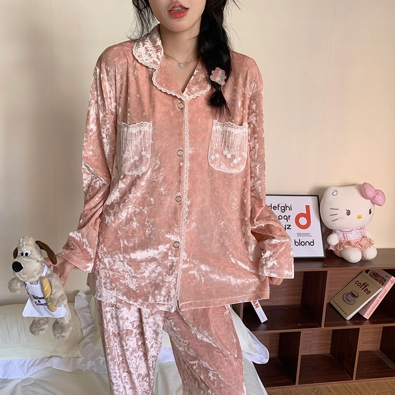 静英鸾 金丝绒保暖加厚长袖长裤翻领开衫公主风纯色家居服冬季睡衣套装 女款