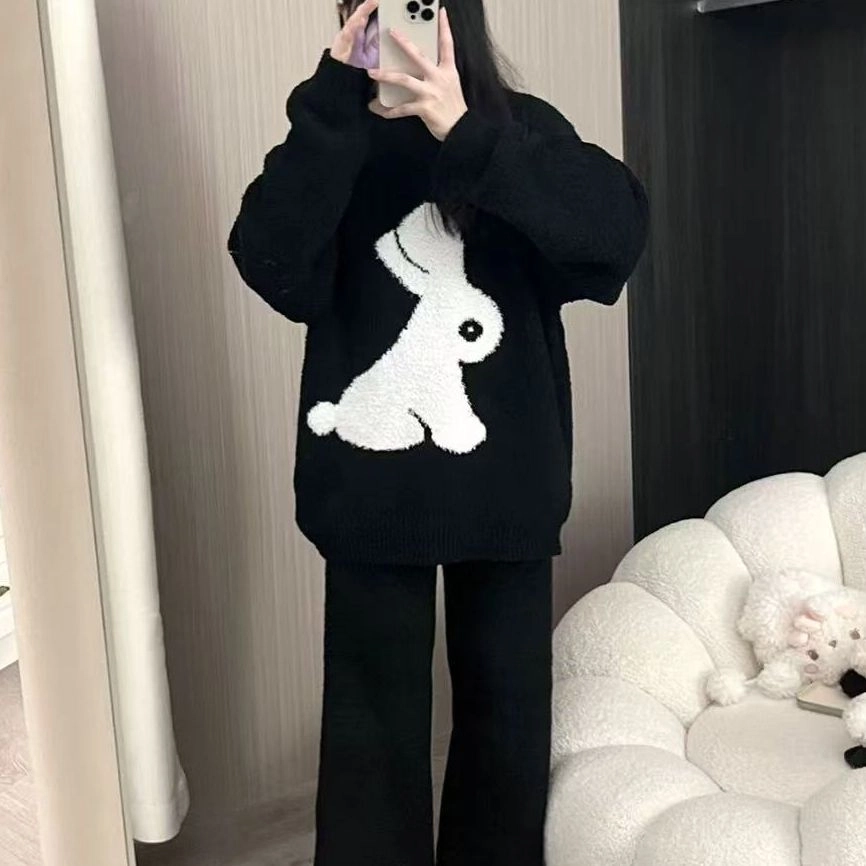 静英鸾 珊瑚绒保暖加绒加厚高级感卡通兔子圆领长袖长裤休闲家居服睡衣套装 女款