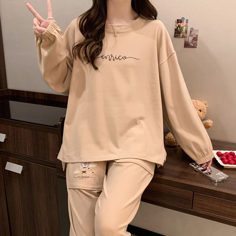 静英鸾 德绒长袖长裤圆领套头纯色简约两件套家居服秋冬季保暖套装 女款