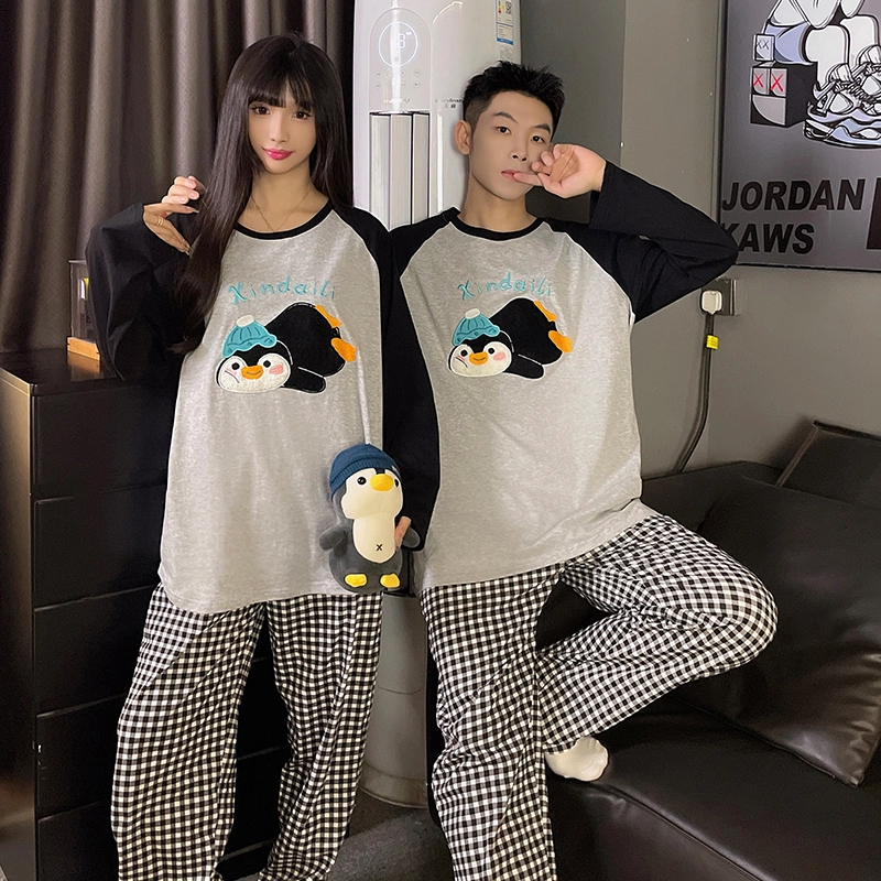 静英鸾 纯棉卡通可爱趴趴企鹅圆领套头长袖长裤休闲家居服秋冬季睡衣套装 男女同款
