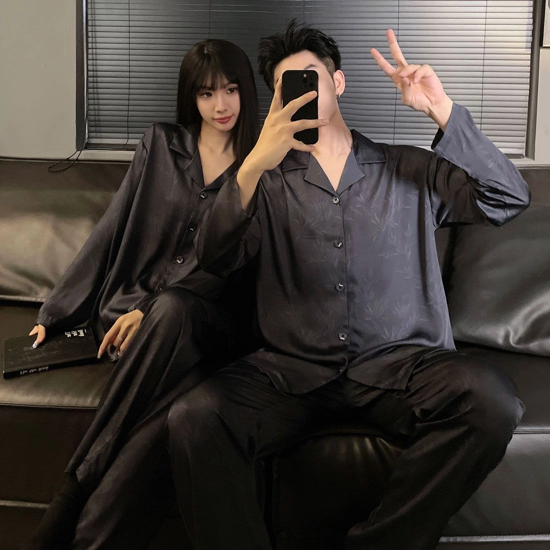 静英鸾 情侣休闲风长袖翻领开衫简约设计家居服睡衣礼盒 男女同款