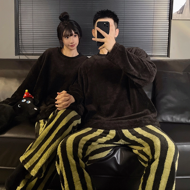 静英鸾 纯色圆领珊瑚绒加厚加绒保暖甜美风休闲舒适家居服秋冬季睡衣套装 男女同款