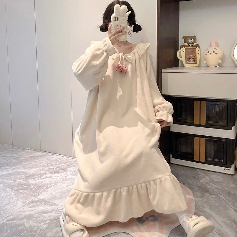 静英鸾 秋冬季纯色卡通小花珊瑚绒保暖加绒加厚甜美风长袖家居服睡裙 女款