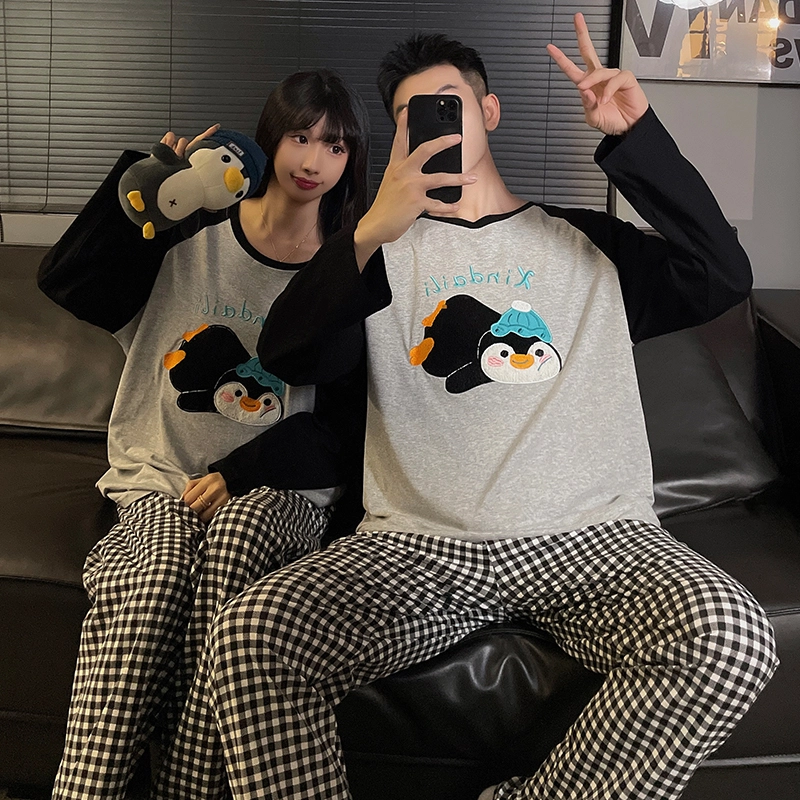 静英鸾 纯棉卡通可爱趴趴企鹅圆领套头长袖长裤休闲家居服秋冬季睡衣套装 男女同款