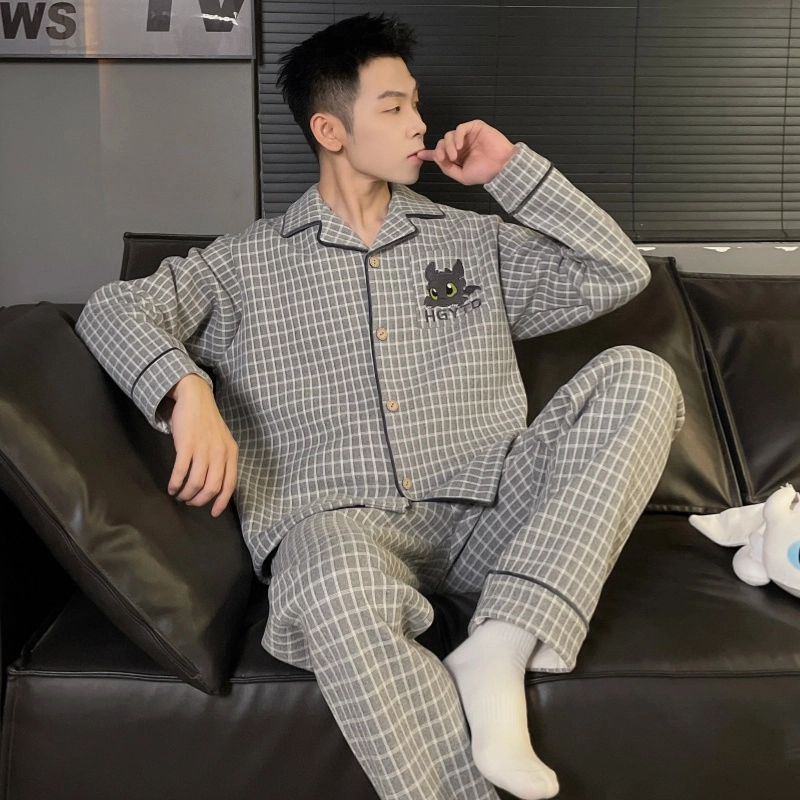静英鸾 休闲时尚简约格子可爱卡通亲肤保暖舒适可外穿家居服睡衣套装 男款