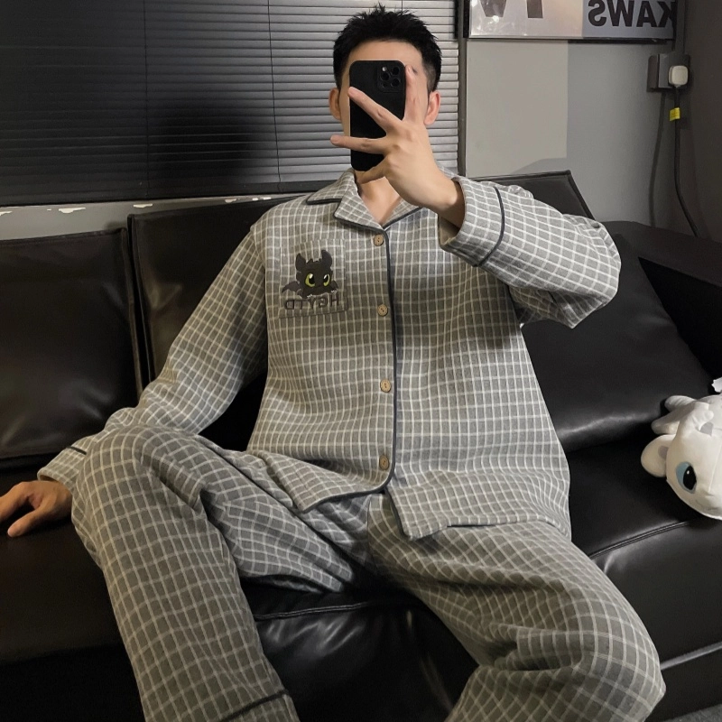 静英鸾 休闲时尚简约格子可爱卡通亲肤保暖舒适可外穿家居服睡衣套装 男款