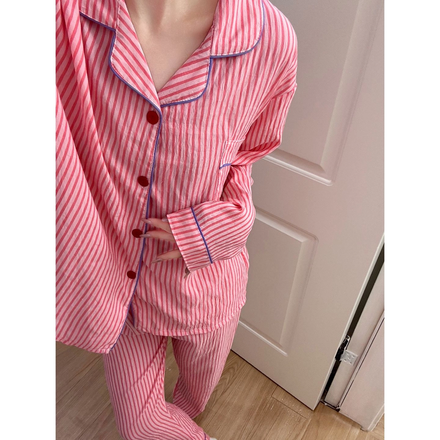 静英鸾 简约粉条纹小兔休闲风格舒适长袖家居服睡衣套装 女款