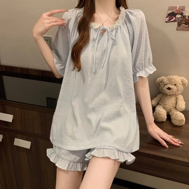 静英鸾 休闲舒适简约透气宽松圆领花边设计家居服睡衣套装 女款