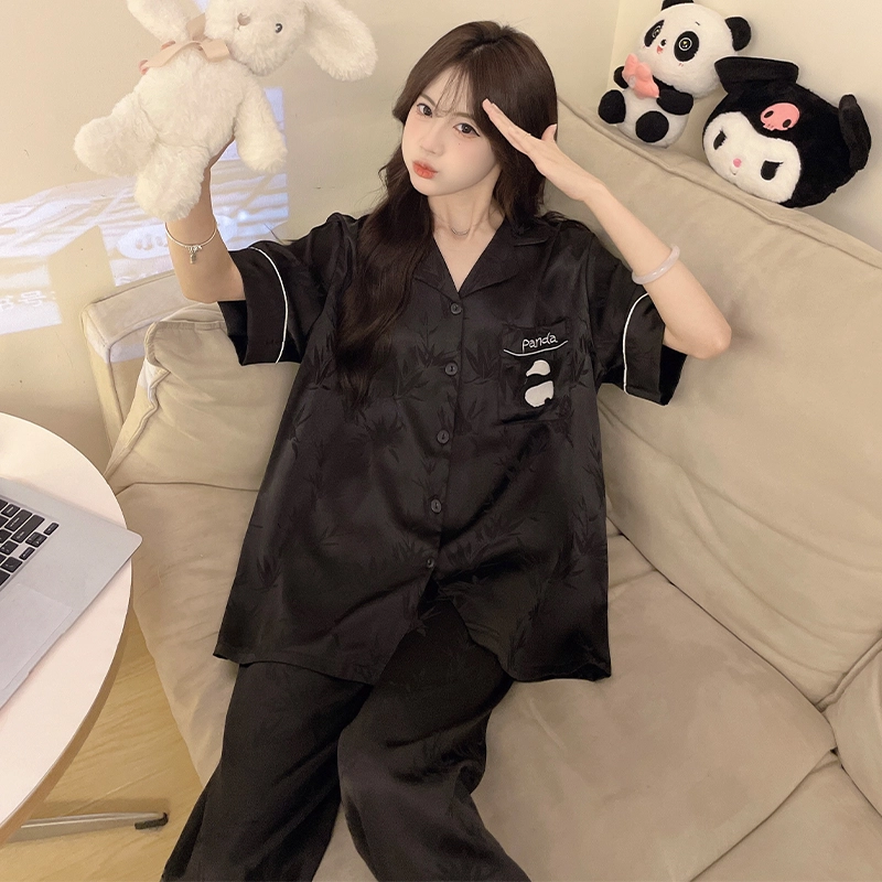 静英鸾 翻领卡通熊猫简约风休闲舒适三件套家居服睡衣套装 女款