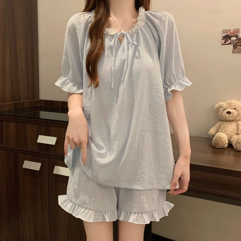 静英鸾 休闲舒适简约透气宽松圆领花边设计家居服睡衣套装 女款