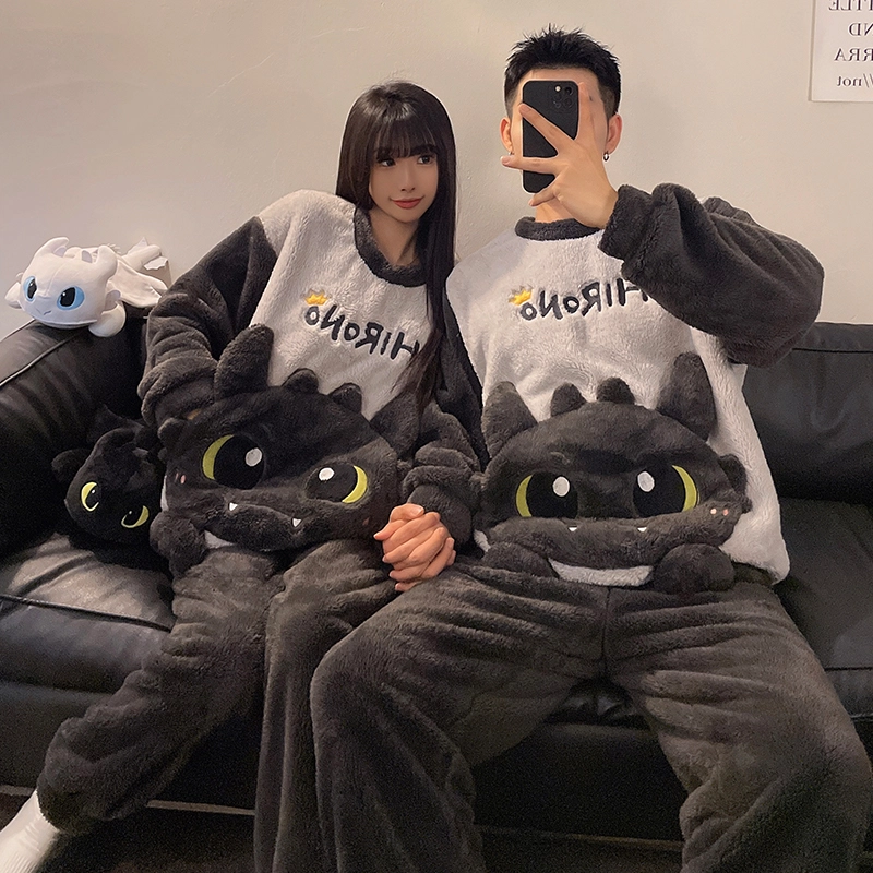 静英鸾 圆领卡通搞怪小飞龙甜美风珊瑚绒保暖加绒加厚休闲舒适家居服秋冬季睡衣套装 男女同款